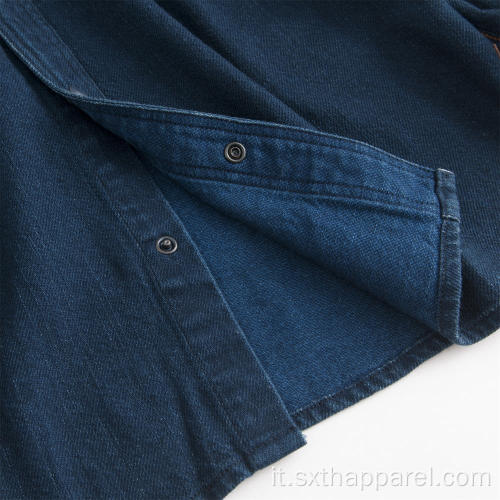 Camicia da uomo in cotone indaco spesso e caldamente a maniche lunghe